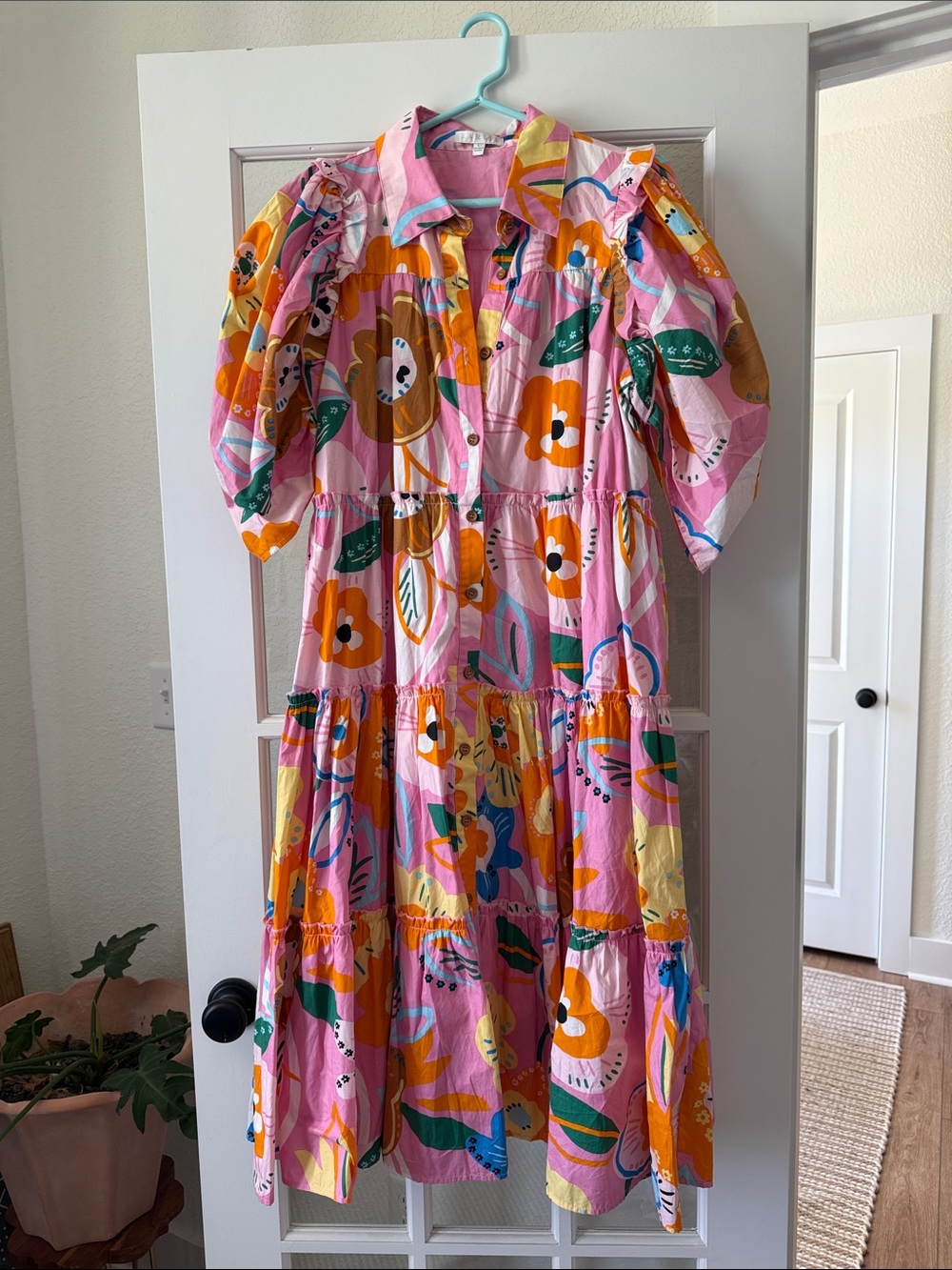 Karlie Pink Floral Tiered Button-Front Midi Dress